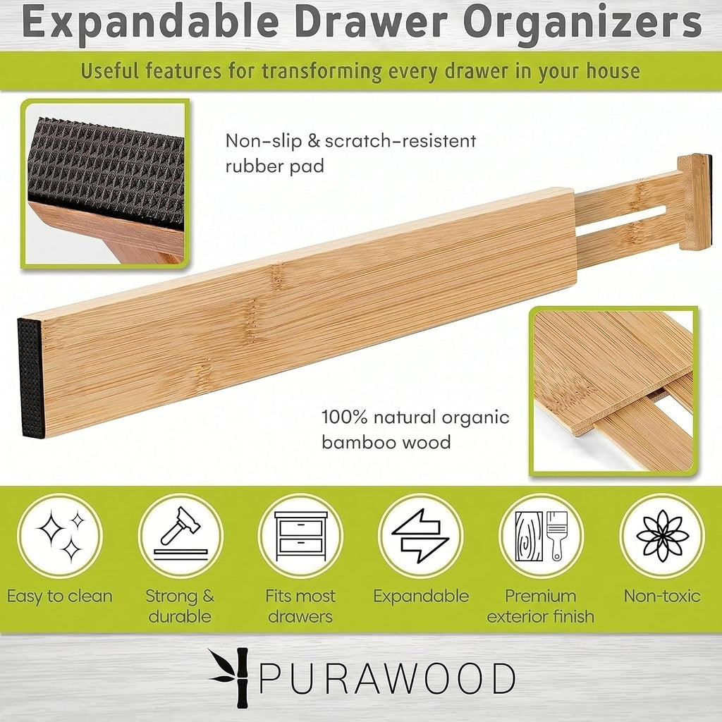 Purawood Bamboo Drawer Dividers, Adjustable Spring-Loaded, Expandable Kitchen Organizer, Set of 4, Water-Resistant Finish for Kitchen, Dresser, Bedroom and Bathroom - Natural