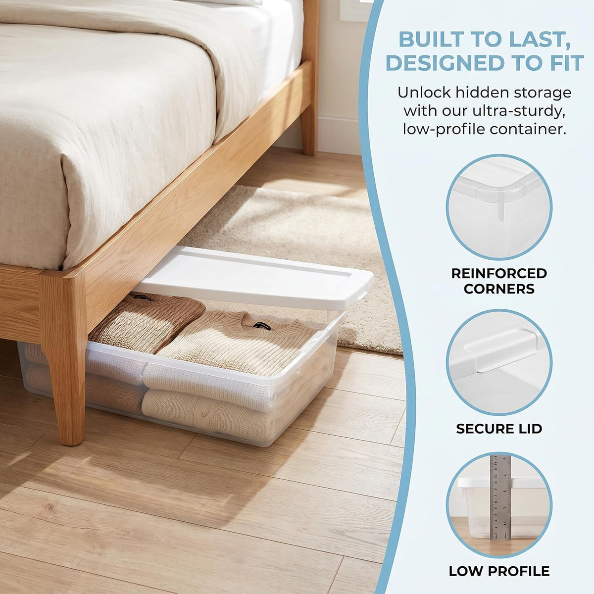 2 Pack 41 Qt Clear Under Bed Container, Stackable Storage Bin with Lid