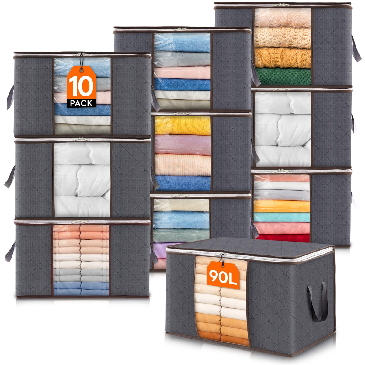 Lifewit 3 Pack 90L Clothes Storage Bins with Lids, Foldable Blanket Storage Bags with Zippers, Clear Window and Reinforced Handles, Closet and Organization for Clothing, Sweater, Comforter, Bedding