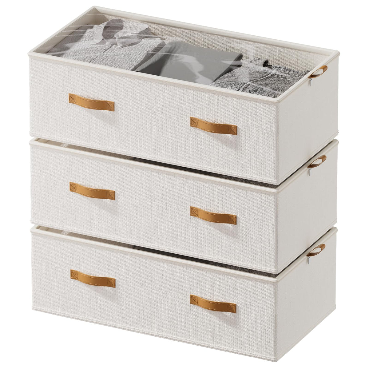 10inch 3 Pack Under Bed Storage Containers, 10 Inch Tall Underbed Clothes Storage Organizer Bin with Clear Window，Foldable Box Basket for Clothes, Closet, Bed Sheets and Blankets Beige
