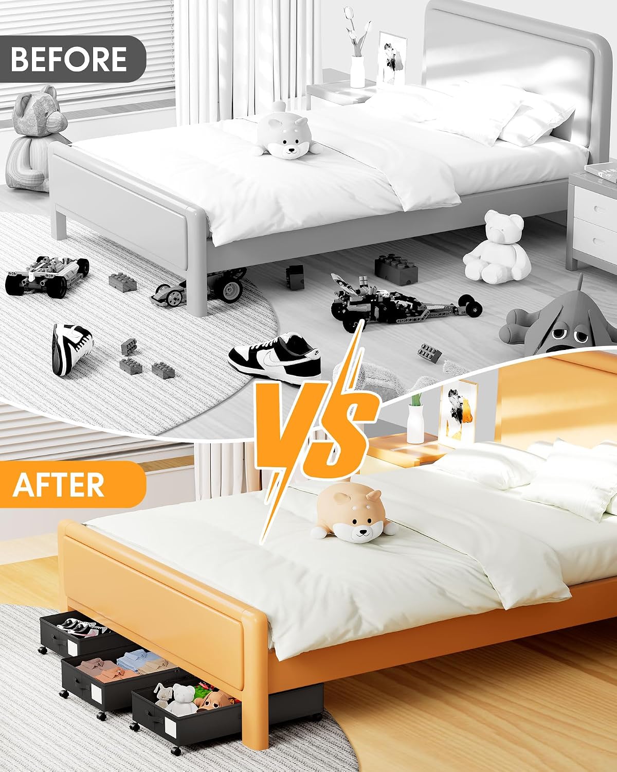 Under Bed Storage with Wheels,2Pack Underbed Shoe Storage Organizer,7.5-10.6 inchTall Adjustable Storage for Underbed with Lids,65L Extra large capacity for Clothes, Blankets,Shoes