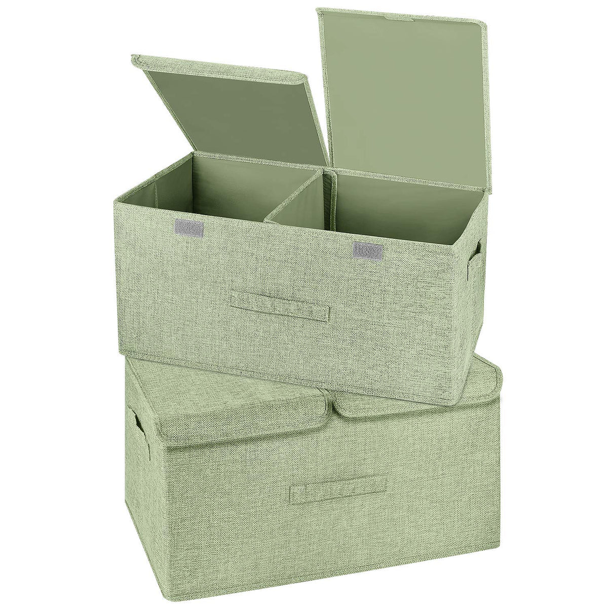 2 Pack Large Storage Boxes with Lids and Handles, Collapsible Linen Storage Bins Organizer Containers Baskets Cube with Removable Divider for Home Bedroom Closet Office (Cream, Small)
