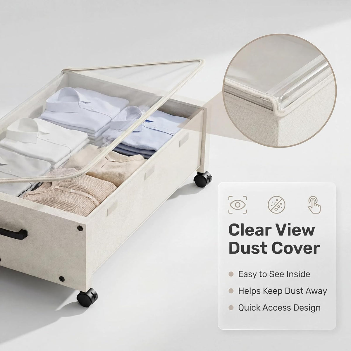 KITHELP Wooden Under Bed Storage with Wheels, Rolling Under the Bed Storage Bins with Removable Lid, Metal Under Bed Drawers for Clothes and Shoes in Bedroom or Living Room (White-2pack)
