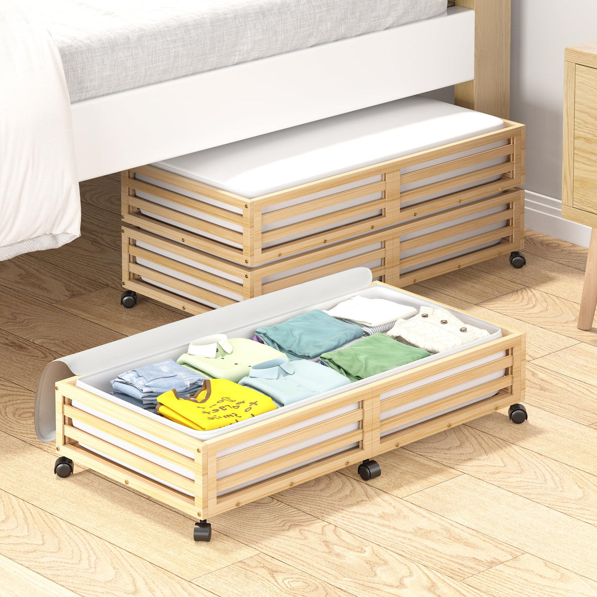 Bamboo Under Bed Storage with Wheels Rolling Underbed Drawer with Lids