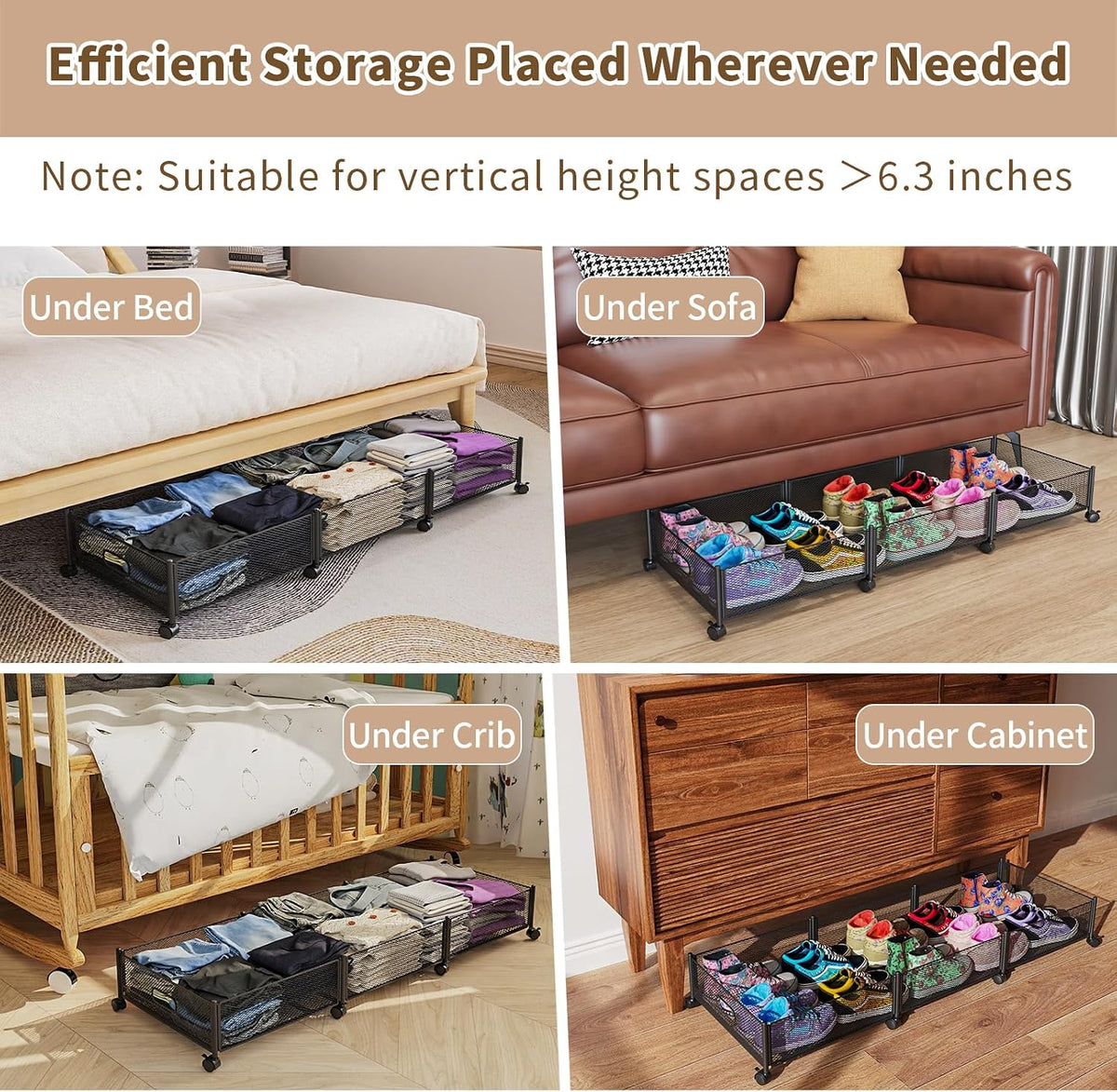 47.2'' Long Under Bed Storage on Wheels, 57.6L Large Capacity Rolling Under the Bed Storage Containers, Tool-Free Assembly Foldable Underbed Shoes Clothes Toy Drawers