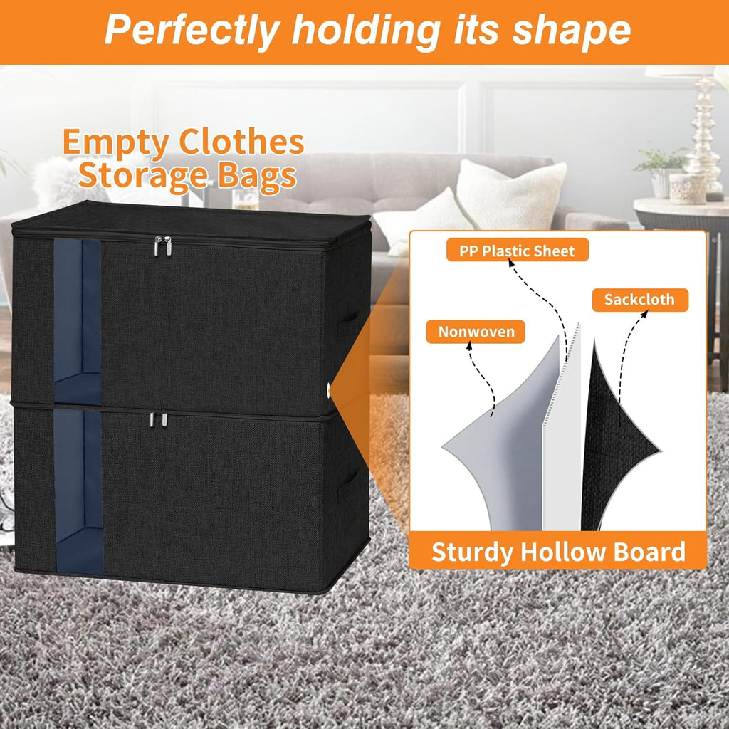 punemi 60L Comforter Storage Bags with Side & Bottom Support, 2 Pack, Black