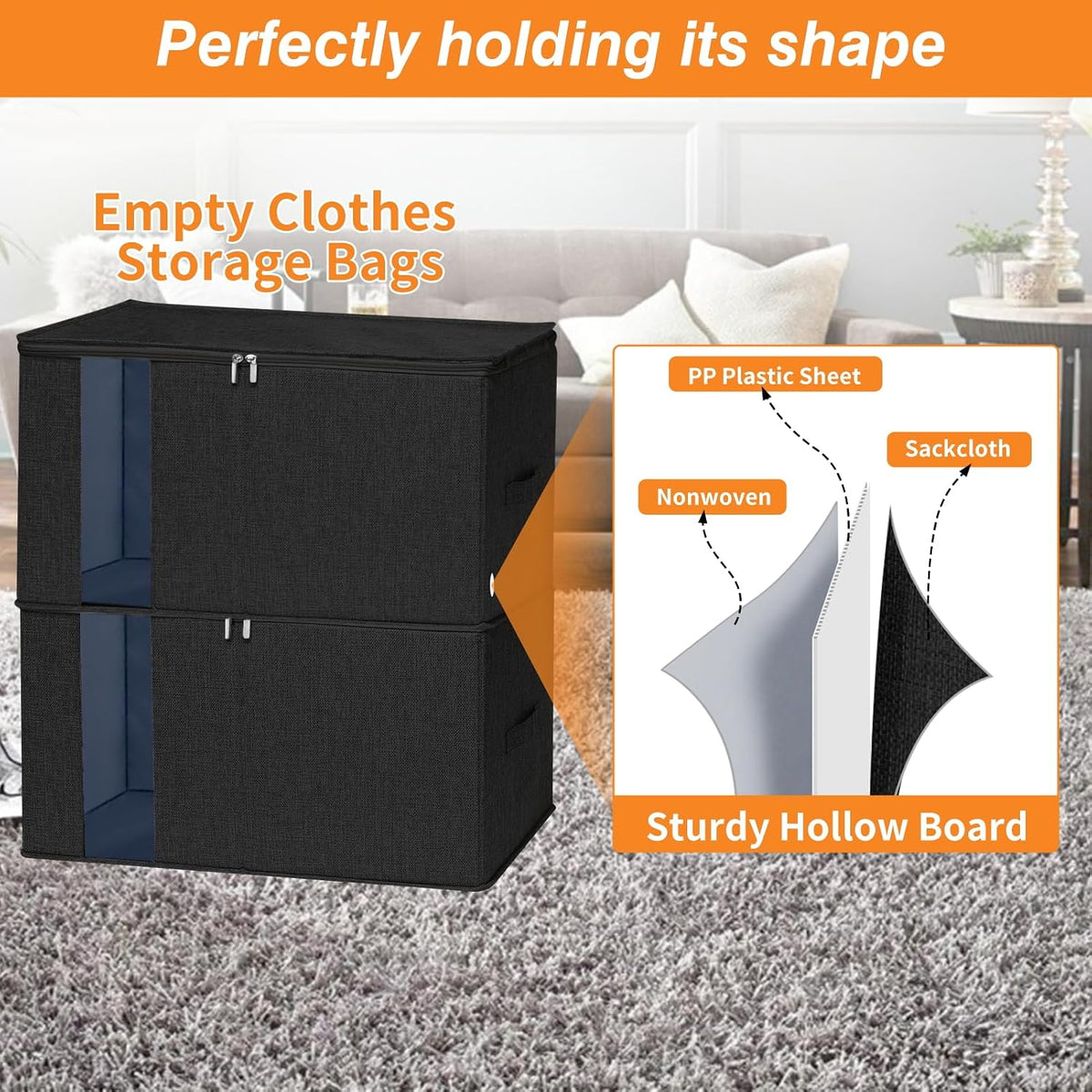 punemi 60L Comforter Storage Bags with Side & Bottom Support, 2 Pack, Black