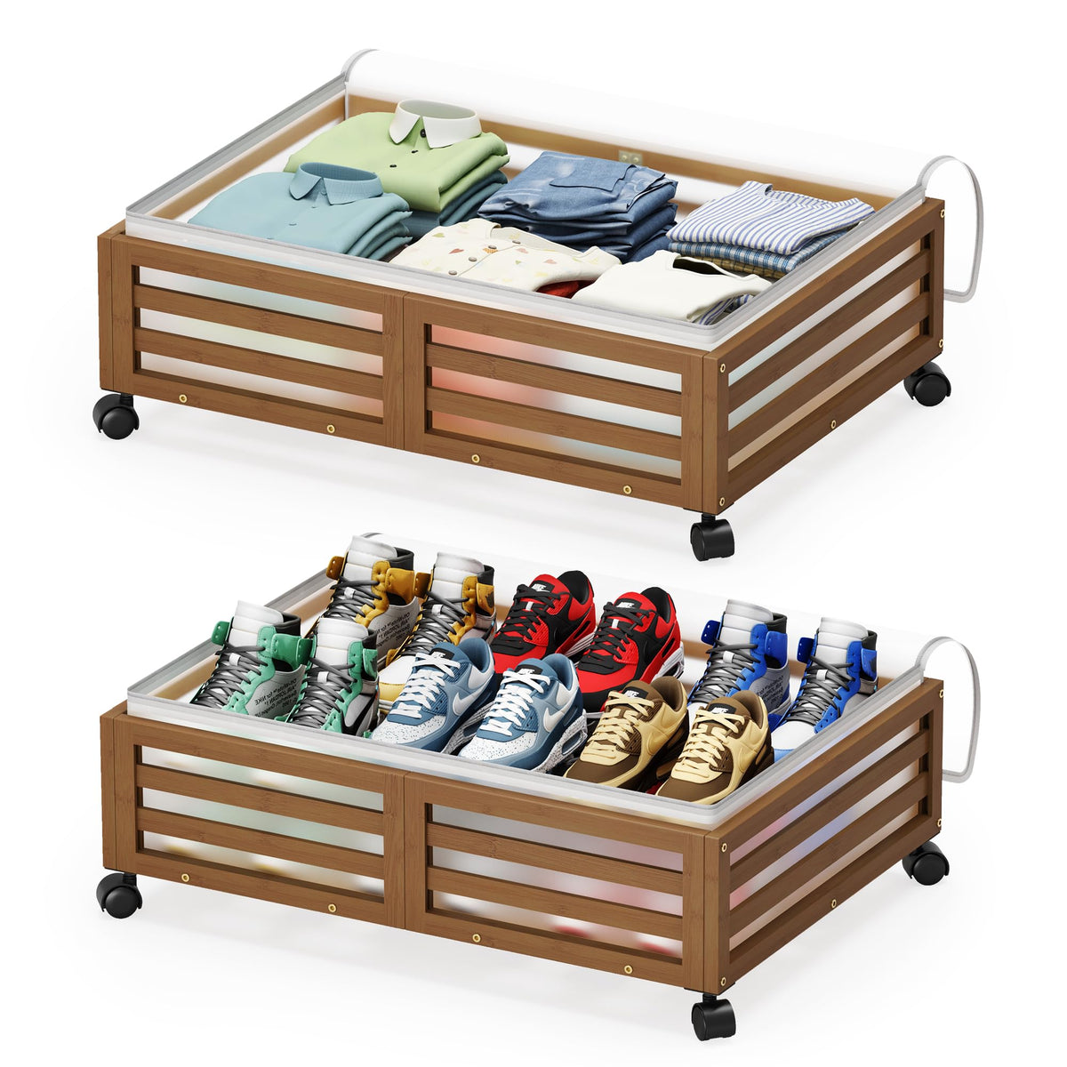 Under Bed Storage with Wheels-Large Bamboo Underbed storage Containers with Large Dust Bag Stackable Under the Bed Shoe Storage Bins for Clothes Books Bedding (2 Packs White, 23.62"L×16.54"W× 6.51"H)