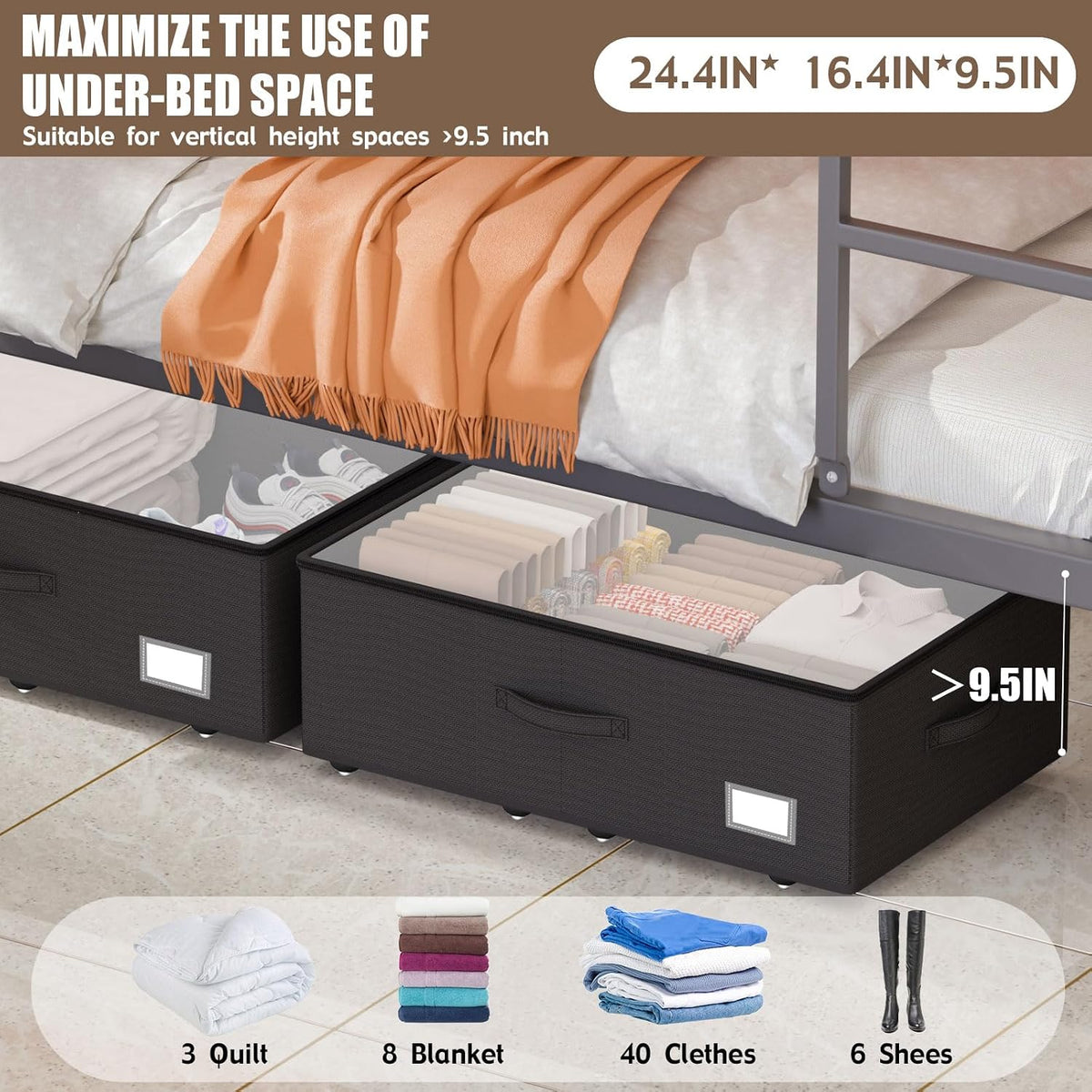 EE-RoomWorld Under Bed Storage with Wheels, 10 inches height，Black