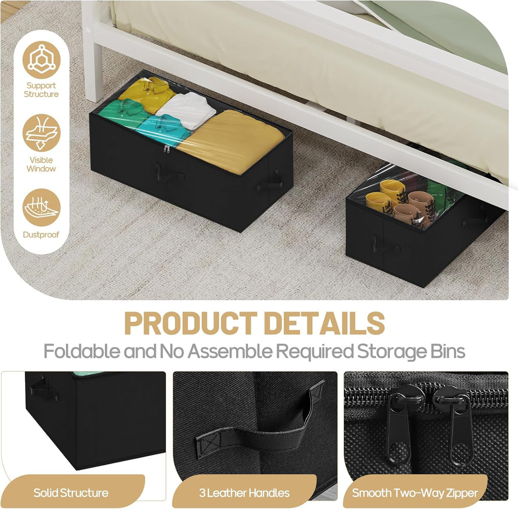 Large Under Bed Storage Containers, 12" Height, 31" Long, 2 Pack, Black