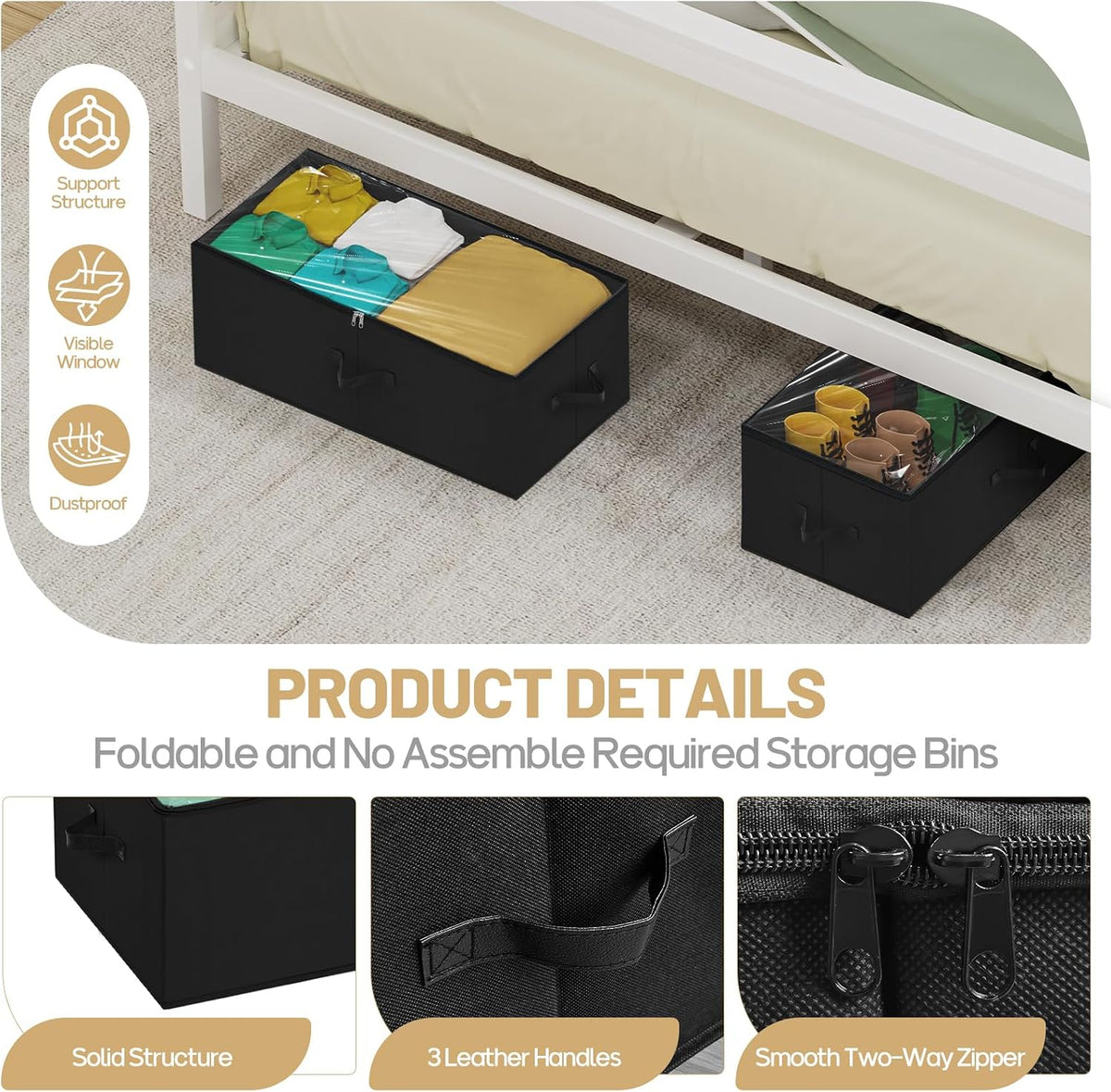 Large Under Bed Storage Containers, 12" Height, 31" Long, 2 Pack, Black