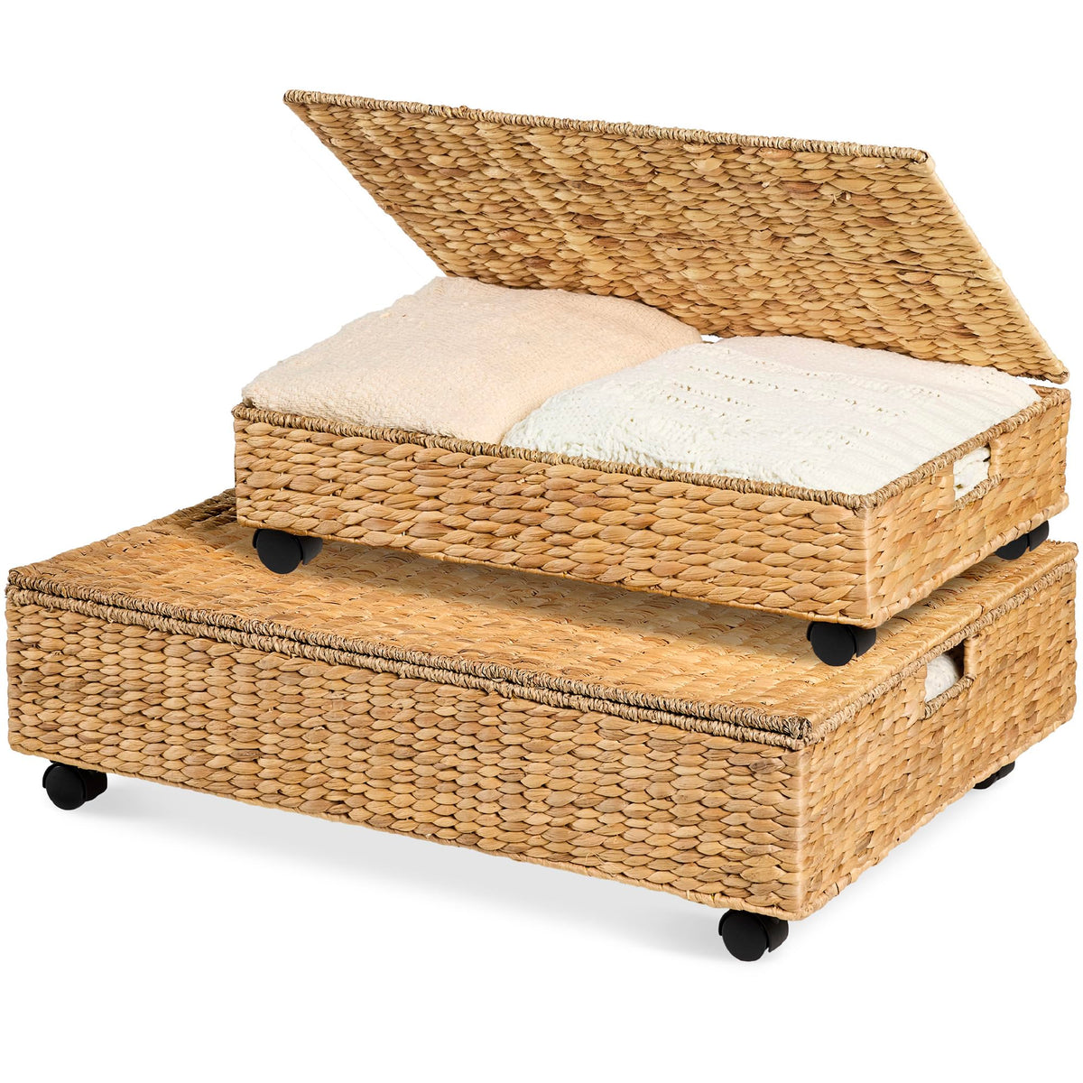 Best Choice Products Under Bed Storage Containers W/Lid, Wheels and Handles, 2-Pack Large Handwoven Water Hyacinth Closet Organizer, Shoe Storage Bins, Multi-Purpose Nesting Baskets - Natural