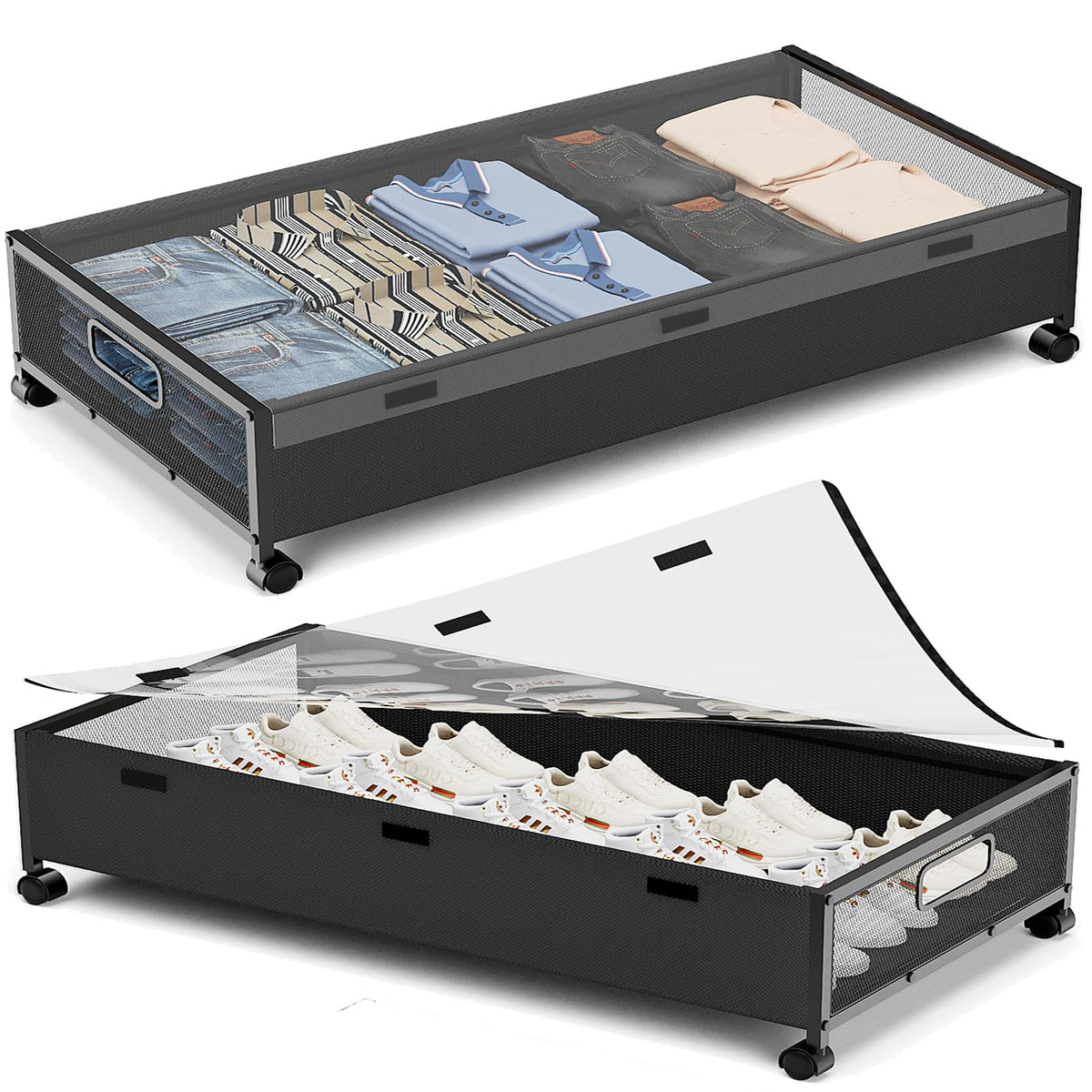Under Bed Storage with Wheels, Wooden Under the Bed Storage with Remove Lid, Rolling Underbed Storage Drawers, Large Metal Storage Bins for Shoes Blankets Clothes Bedrooms Dorms (Vintage Brown-2pack)