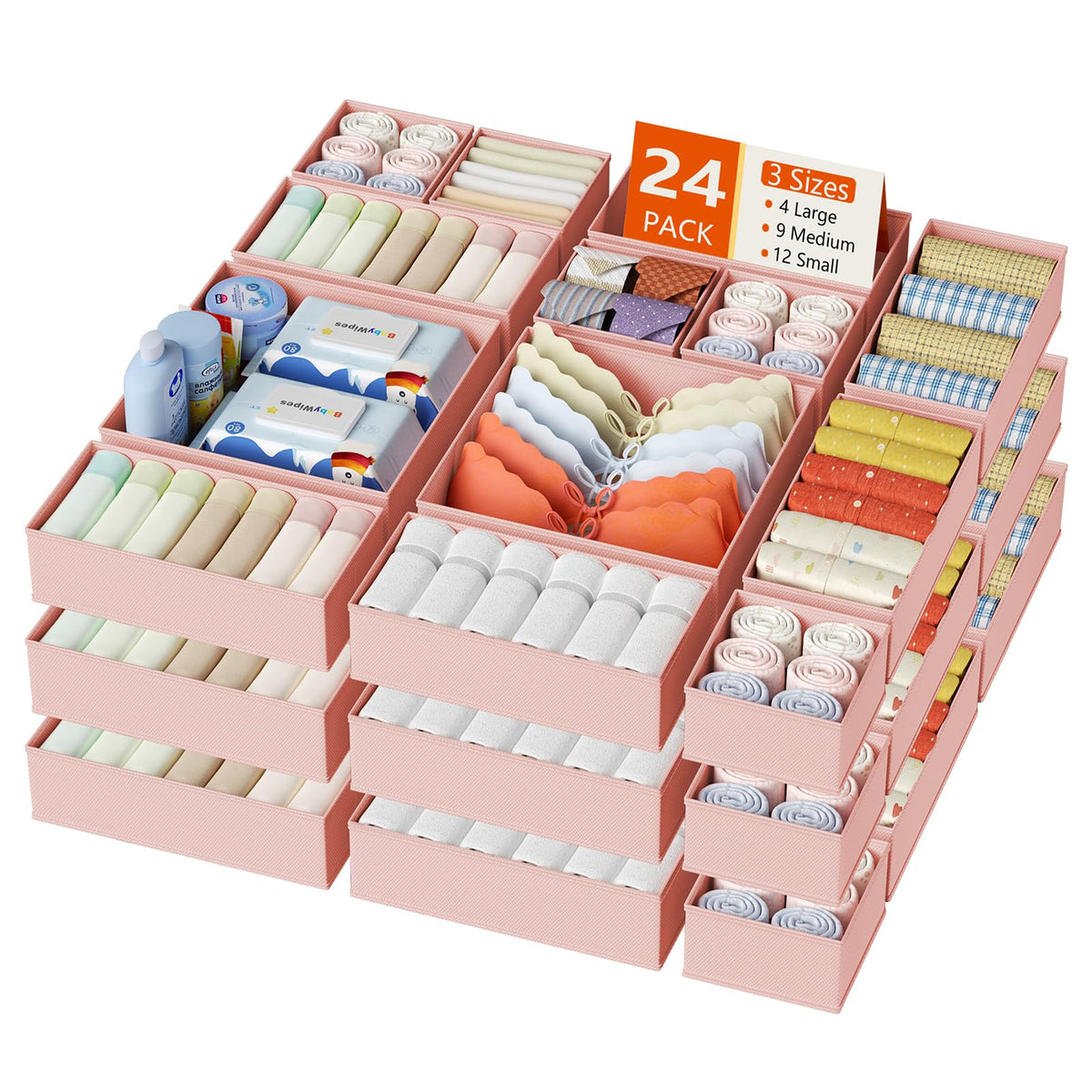 DIMJ Drawer Organizer Clothes, 12 Pack Dresser Organizer for Nursery, Baby Clothes, Underwears, Sock, Fabric Dresser Bins, Drawer Dividers, Foldable Closet Organizers and Storage(Beige)