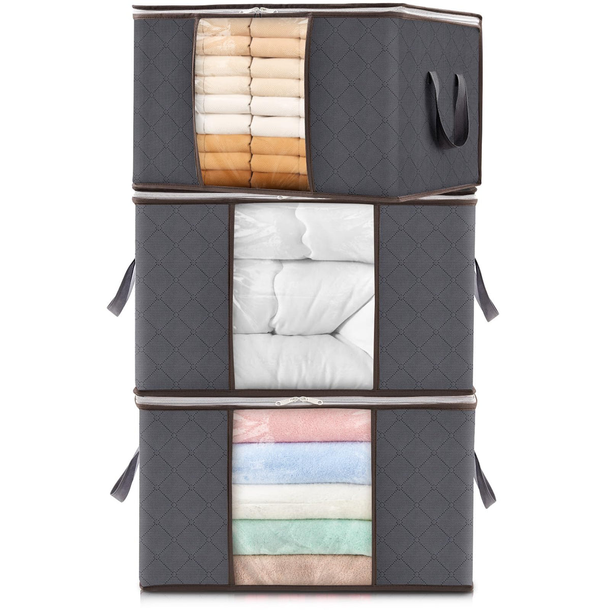 Lifewit 3 Pack 90L Clothes Storage Bins with Lids, Foldable Blanket Storage Bags with Zippers, Clear Window and Reinforced Handles, Closet and Organization for Clothing, Sweater, Comforter, Bedding