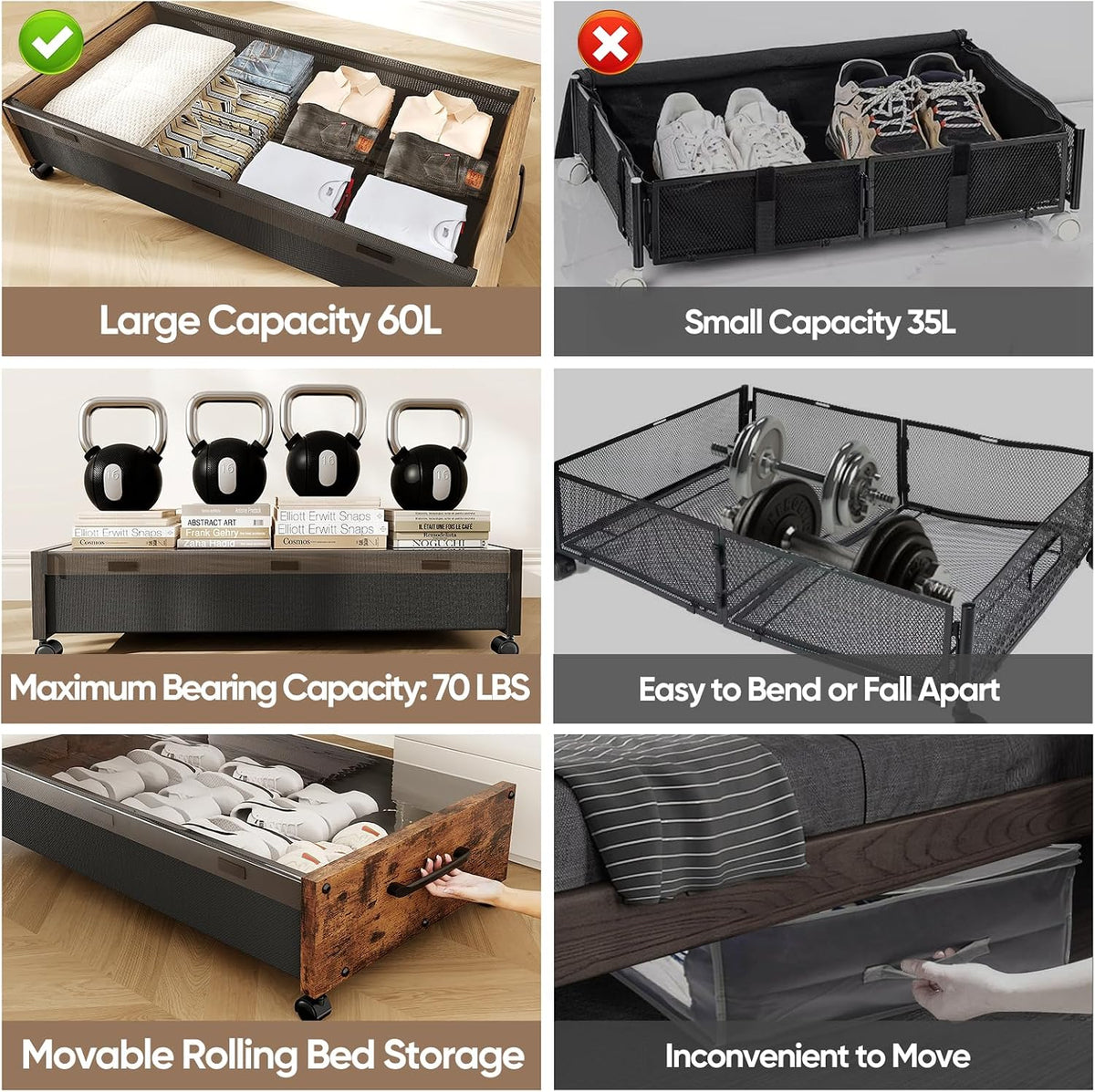 Under Bed Storage with Wheels, Wooden Under the Bed Storage with Remove Lid, Rolling Underbed Storage Drawers, Large Metal Storage Bins for Shoes Blankets Clothes Bedrooms Dorms (Vintage Brown-2pack)