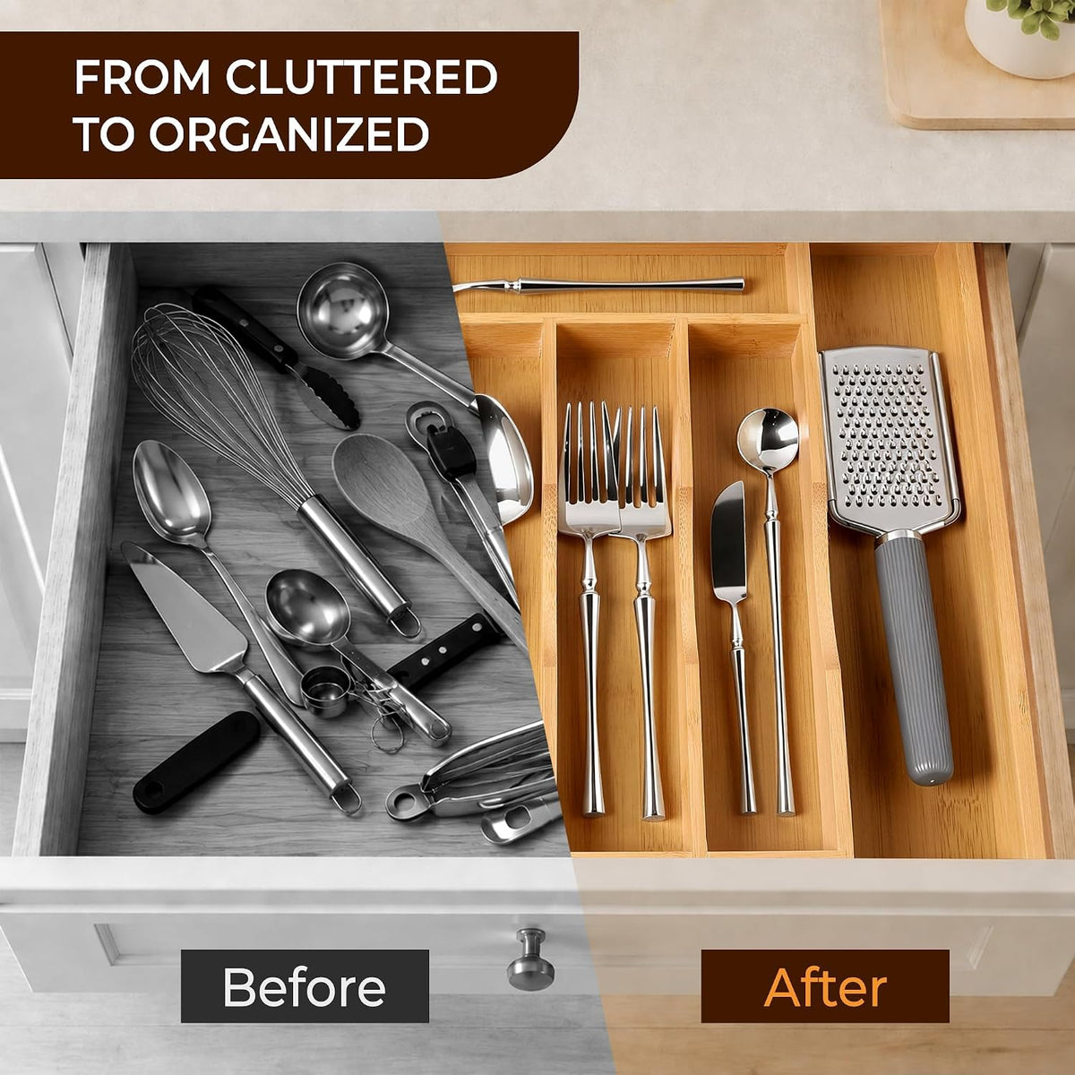 Expandable Bamboo Kitchen Drawer Organizer for Cutlery and Utensils, Adjustable Bamboo Wood Cutlery Tray in Drawer for Flatware and Silverware in Kitchen, (Natural)
