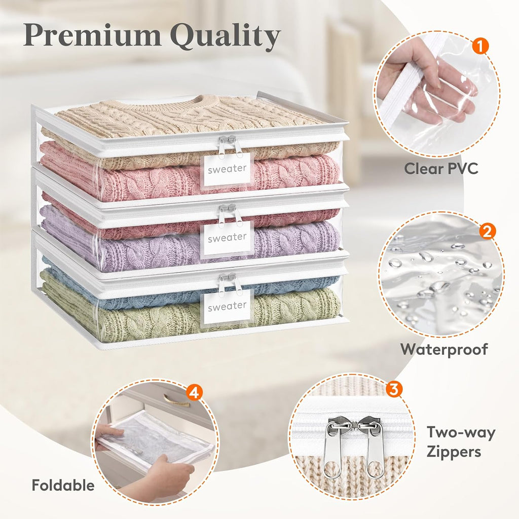 Lifewit 6 Pack Clear Zippered Storage Bags, Plastic Sweater Storage Bags Clothing Organizer for Blankets Linen Sweater Bed Sheet Quilt Clothes (15.7 x 13.8 x 3.9 Inch)