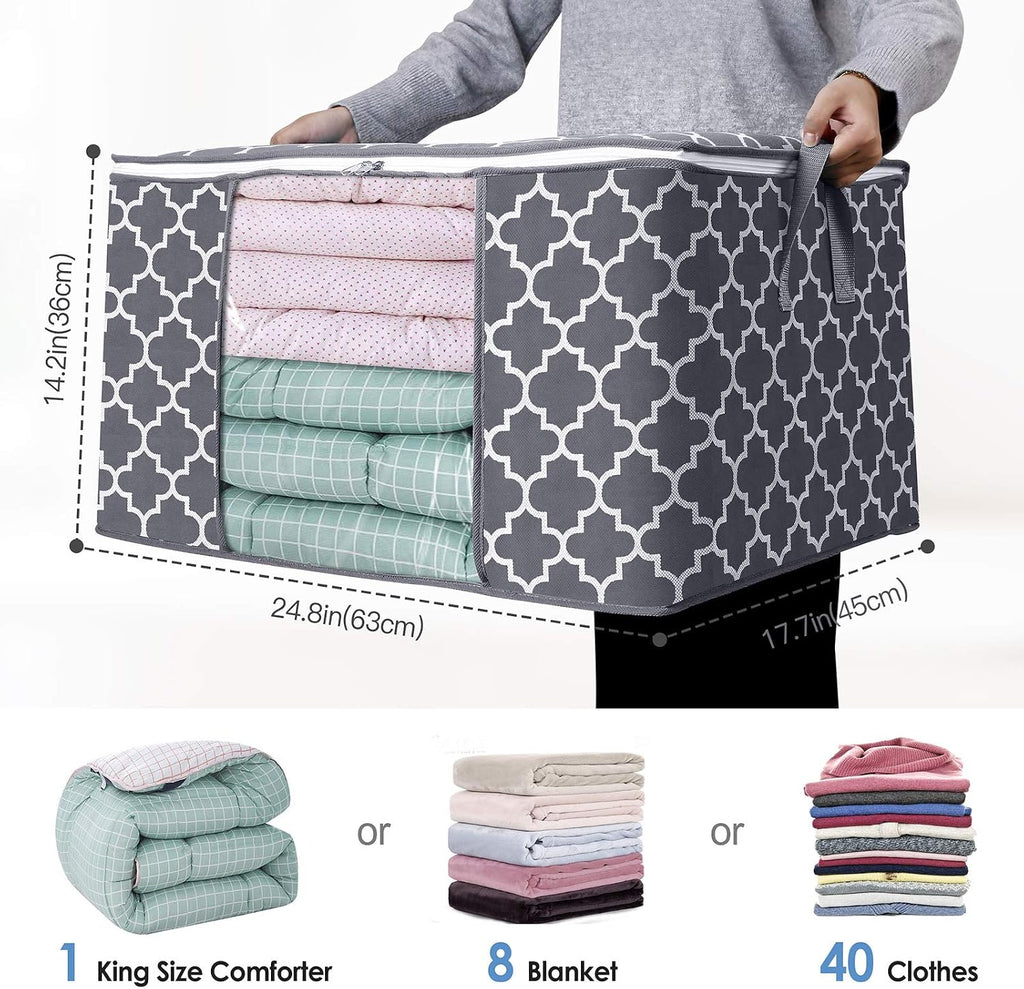 WISELIFE Storage Bags, Large Blanket Clothes Organization and Storage Containers for Bedding, Comforters, Foldable Organizer with Reinforced Handle, Clear Window,Sturdy Zippers,(Grey, 3 x 100L)