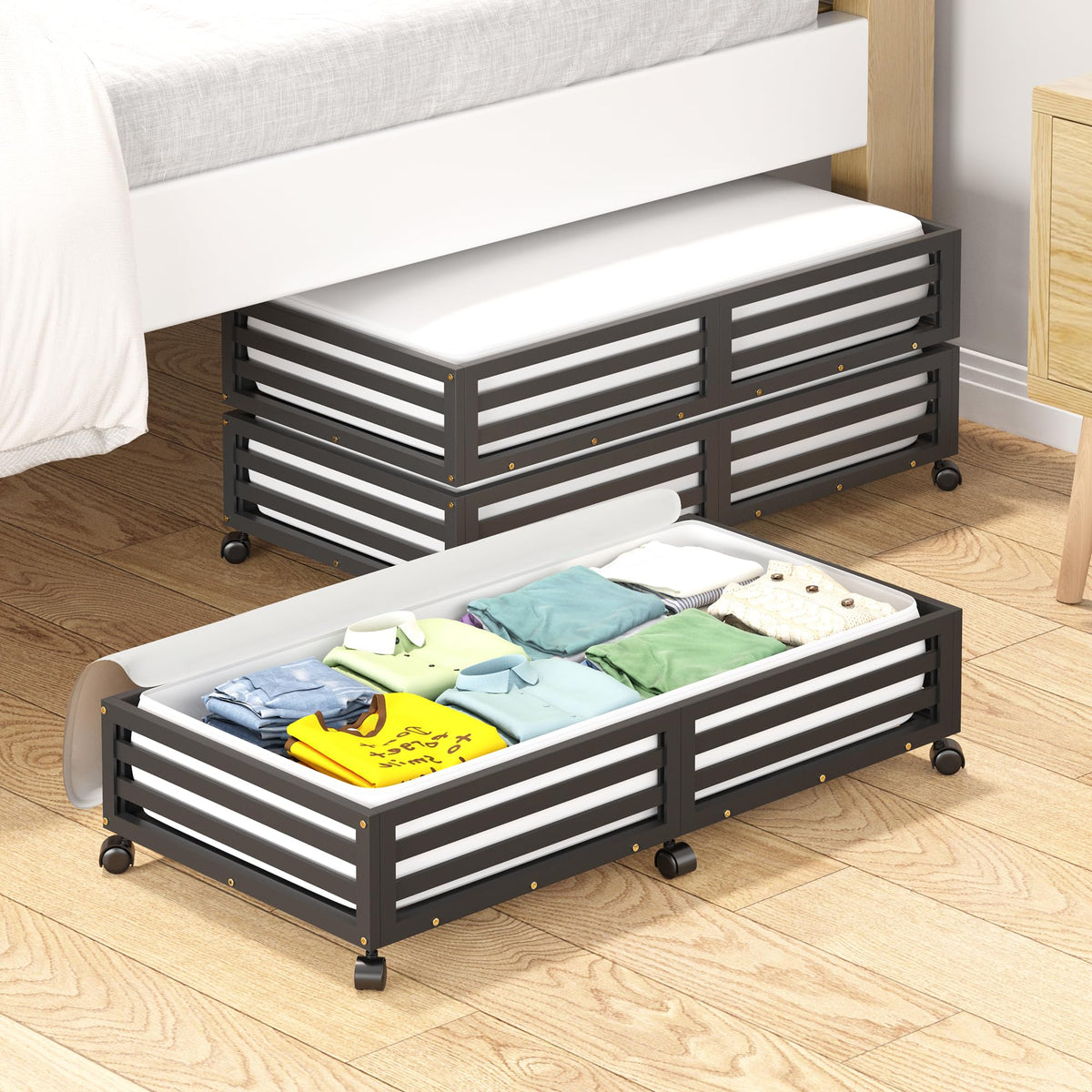 Bamboo Under Bed Storage with Wheels Rolling Underbed Drawer with Lids