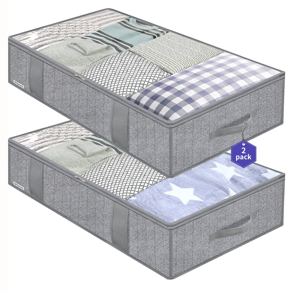 Onlyeasy Underbed Storage Bags Organizer, 4 Pack Large Capacity Under Bed Storage Containers with Reinforced Handles, Foldable Fabric Storage Bins with Clear Window, Herringbone Grey, 7MXRUBBP4