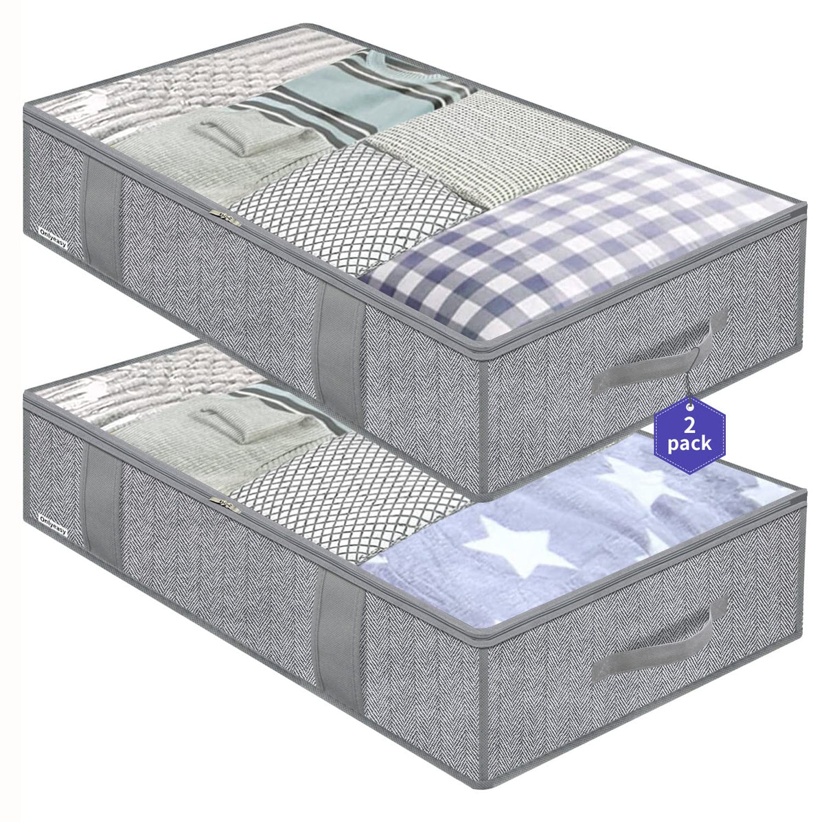 Onlyeasy Underbed Storage Bags Organizer, 4 Pack Large Capacity Under Bed Storage Containers with Reinforced Handles, Foldable Fabric Storage Bins with Clear Window, Herringbone Grey, 7MXRUBBP4