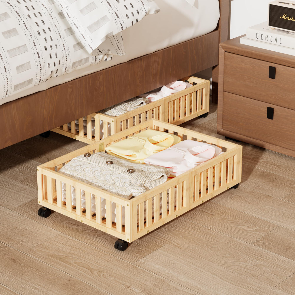 Under Bed Storage with Wheels, 2 Pcs Bamboo Drawers for Clothes and Toy