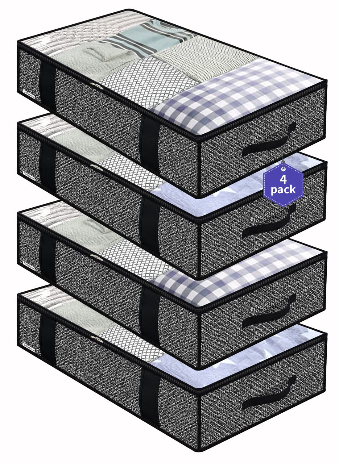 Onlyeasy Underbed Storage Bags Organizer, 4 Pack Large Capacity Under Bed Storage Containers with Reinforced Handles, Foldable Fabric Storage Bins with Clear Window, Herringbone Grey, 7MXRUBBP4