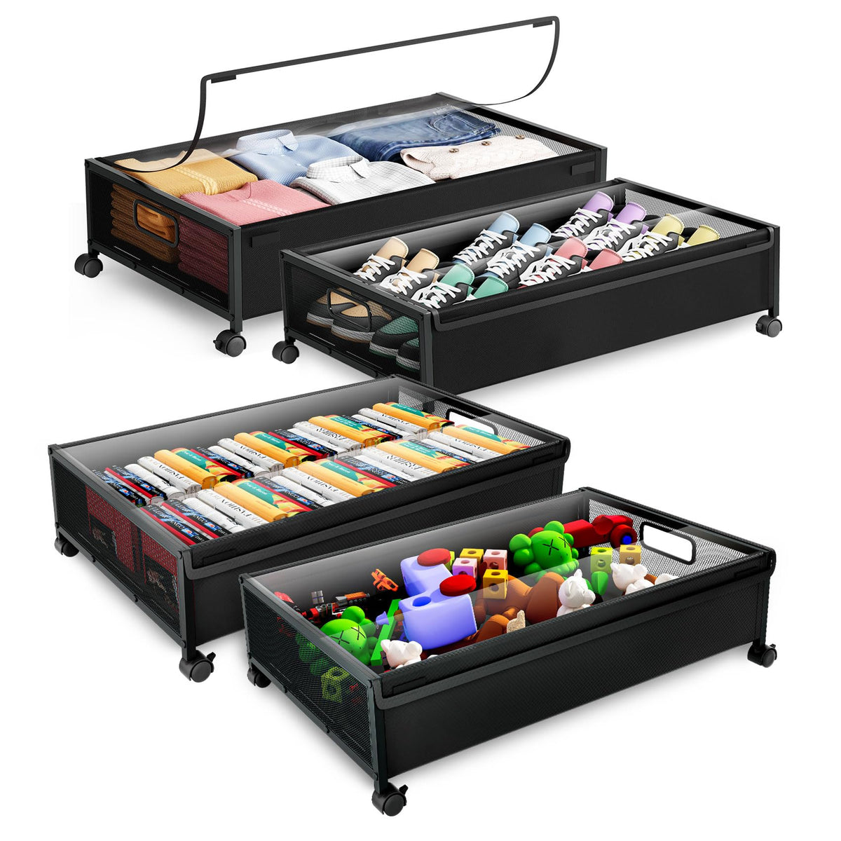 Under Bed Storage with Wheels,2Pack Underbed Shoe Storage Organizer,7.5-10.6 inchTall Adjustable Storage for Underbed with Lids,65L Extra large capacity for Clothes, Blankets,Shoes