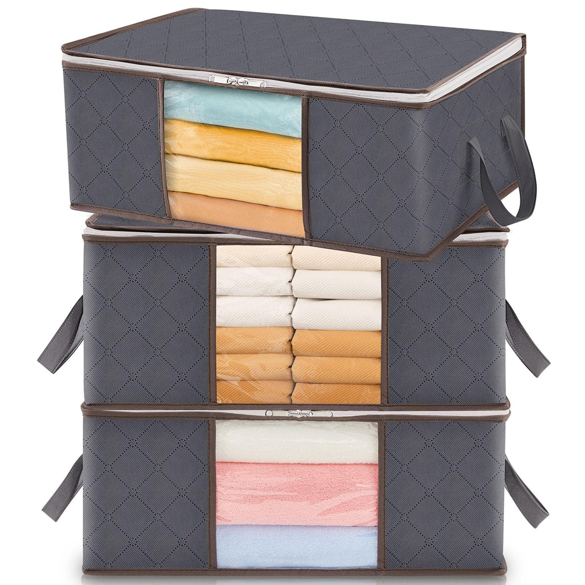 Lifewit 3 Pack 90L Clothes Storage Bins with Lids, Foldable Blanket Storage Bags with Zippers, Clear Window and Reinforced Handles, Closet and Organization for Clothing, Sweater, Comforter, Bedding
