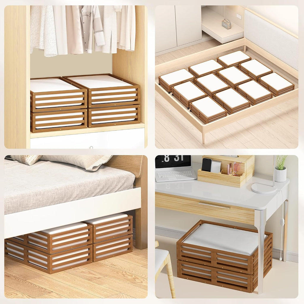 Bamboo Under Bed Storage with Wheels Rolling Underbed Drawer with Lids