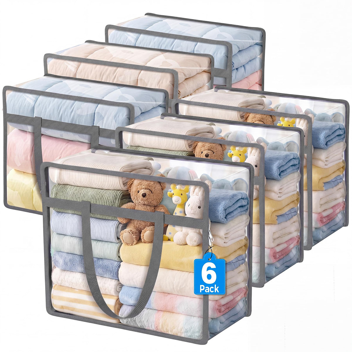 6 Pack Clear Storage Bags for Clothes, 45L Closet Organizers and Storage