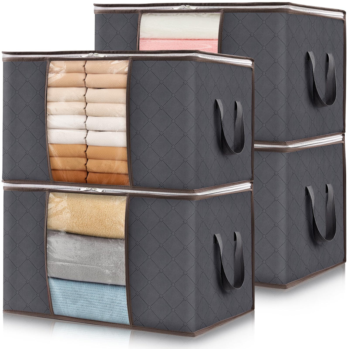 Lifewit 3 Pack 90L Clothes Storage Bins with Lids, Foldable Blanket Storage Bags with Zippers, Clear Window and Reinforced Handles, Closet and Organization for Clothing, Sweater, Comforter, Bedding