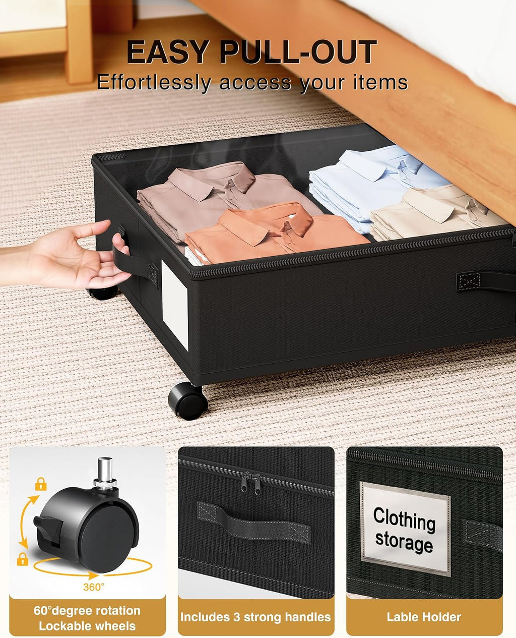 Under Bed Storage with Wheels,2Pack Underbed Shoe Storage Organizer,7.5-10.6 inchTall Adjustable Storage for Underbed with Lids,65L Extra large capacity for Clothes, Blankets,Shoes