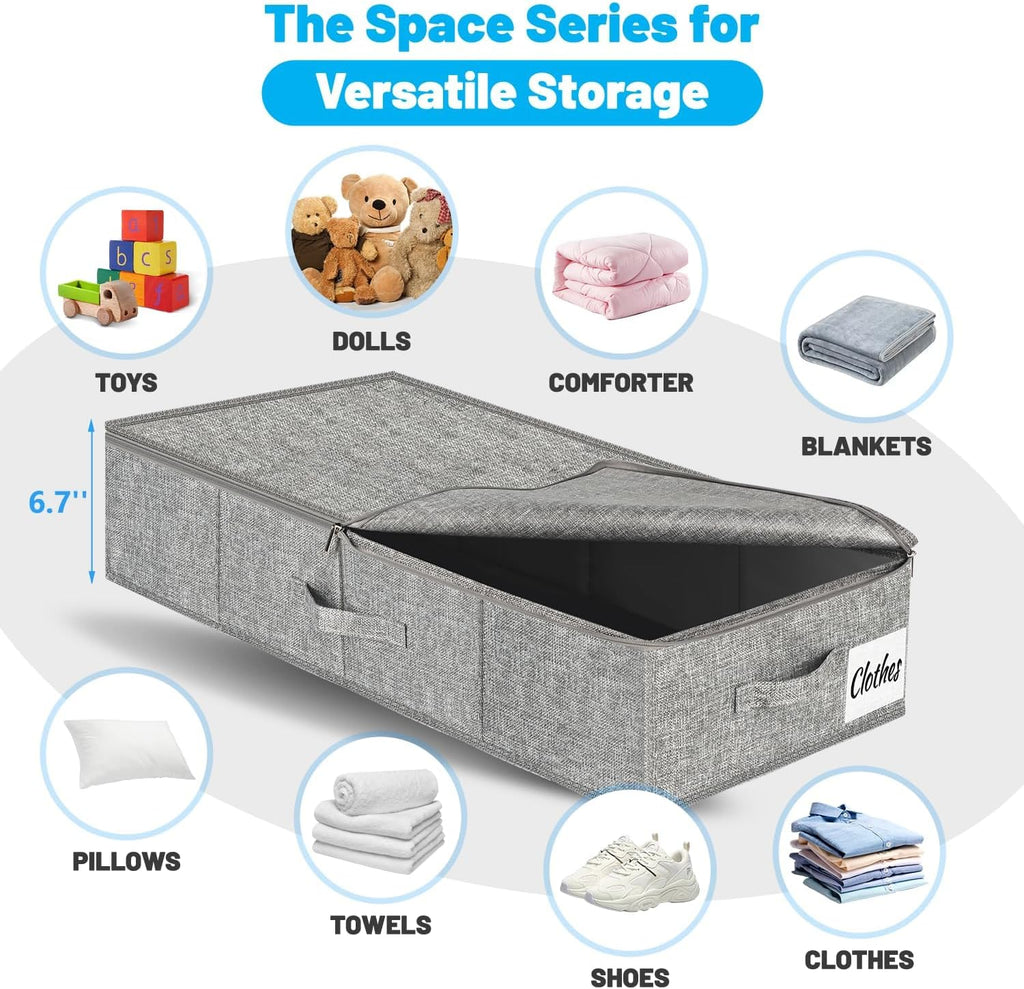 Under Bed Storage Container Bins 2 Pack, Low Profile Foldable Underbed Clothes Storage Organizer W/ Ultra Thick Fabric and Sturdy Bottom/Sides, Dual Zipper Storage Box for Dorm and Home 30x16x6.7"