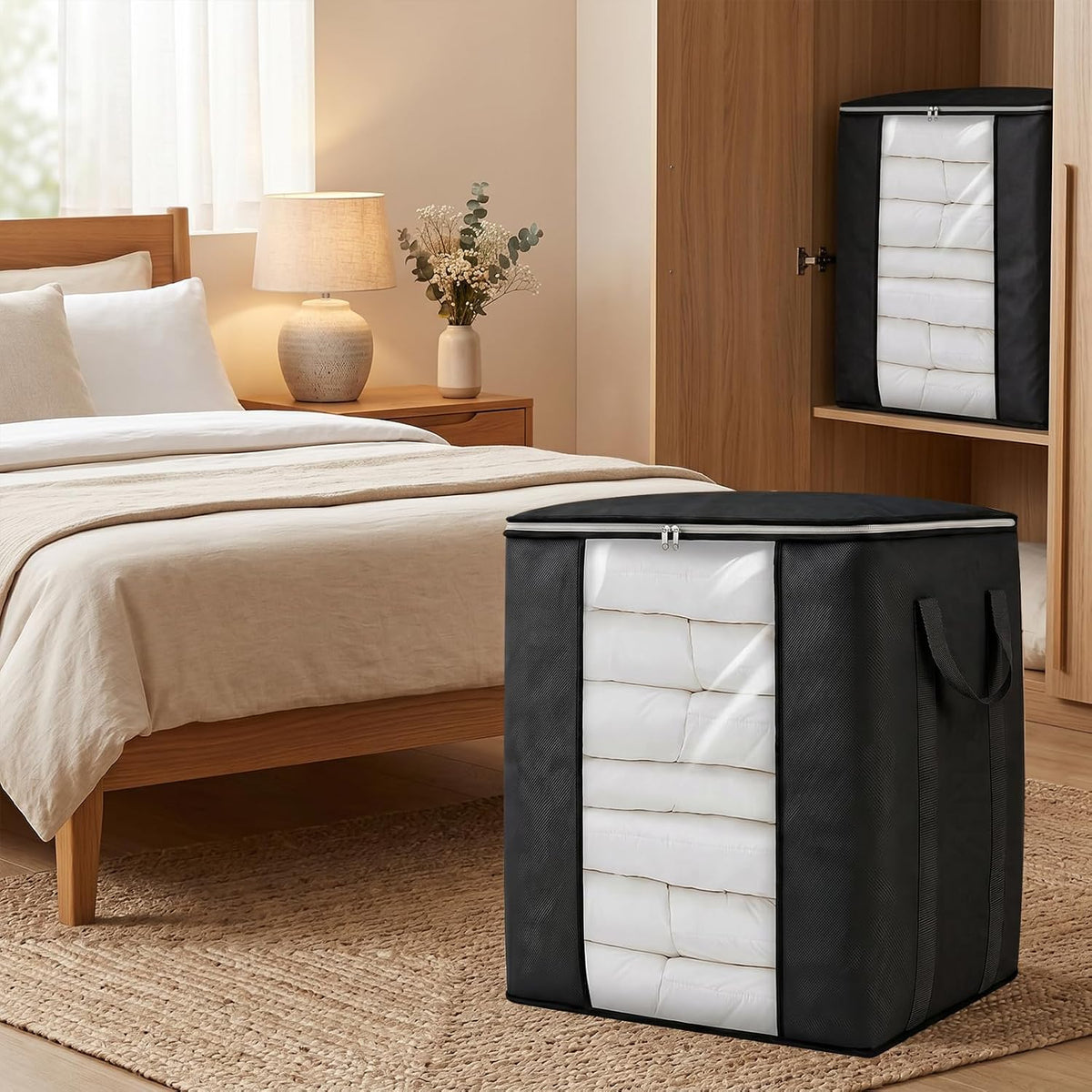 Blanket Storage Bags 120L for Comforter Clothes Bedding 2 Pack Black