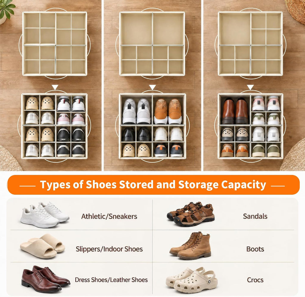 Shoe Organizer for Closet, Foldable Shoe Storage with Adjustable Dividers