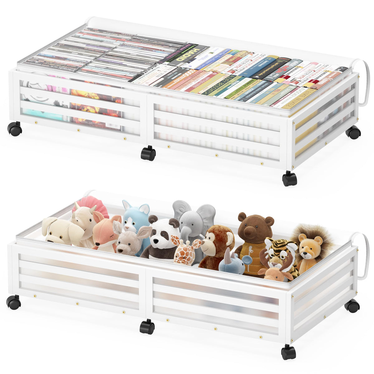 Under Bed Storage with Wheels-Large Bamboo Underbed storage Containers with Large Dust Bag Stackable Under the Bed Shoe Storage Bins for Clothes Books Bedding (2 Packs White, 23.62"L×16.54"W× 6.51"H)