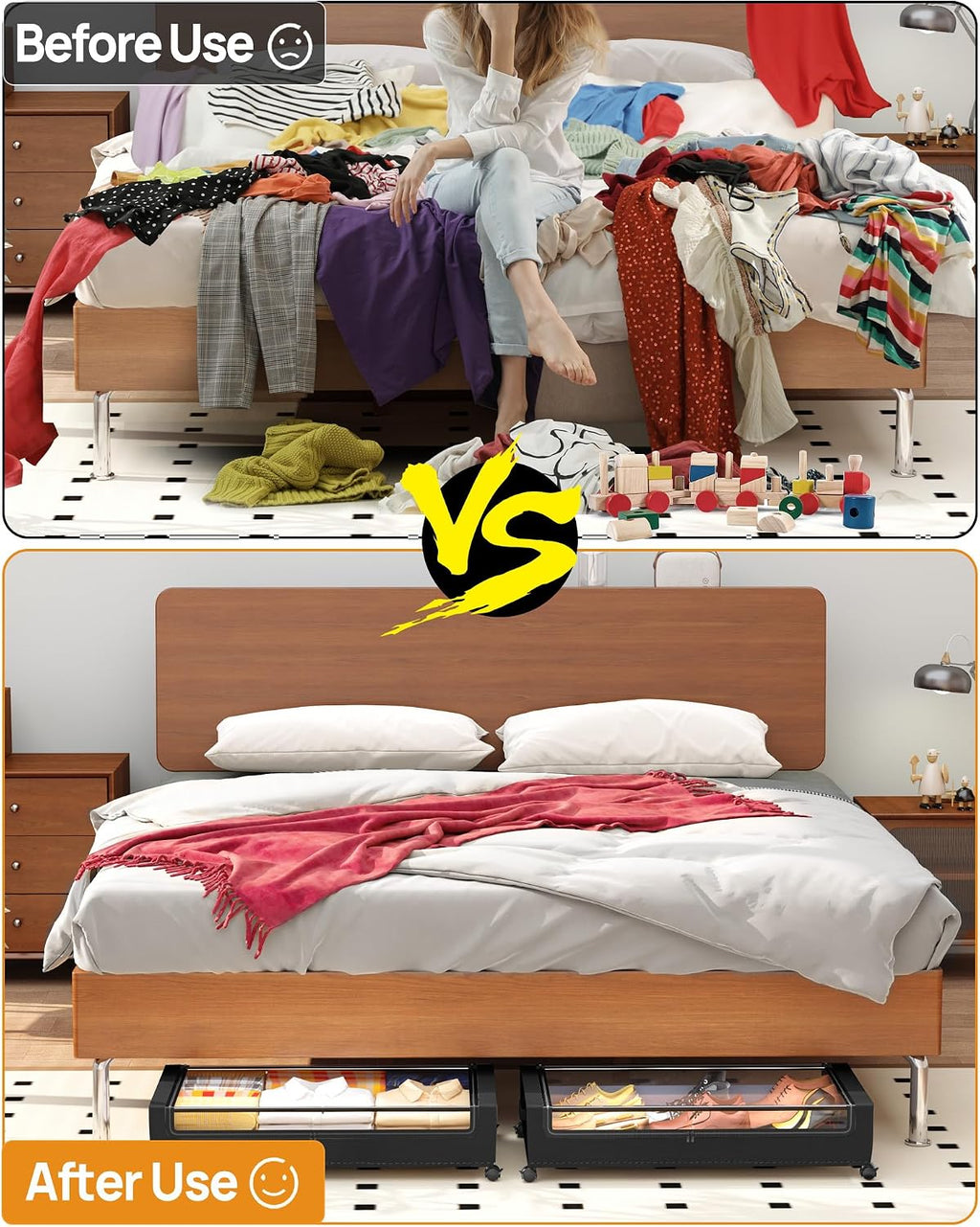 Under Bed Storage With Wheels, 2 Pack Square Containers, 60L Bins, Rolling Metal Drawer for Clothes, Blankets, Shoes