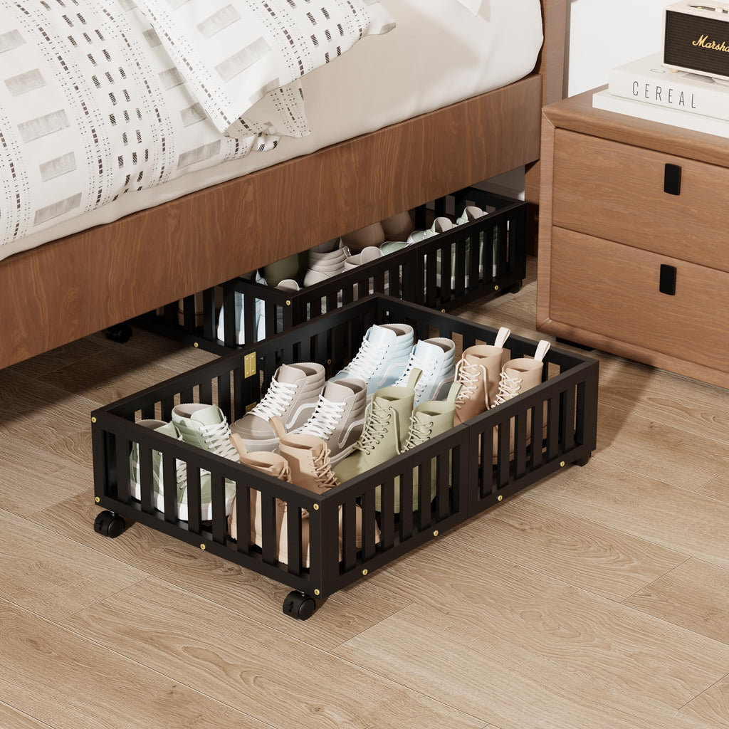 Under Bed Storage with Wheels, 2 Pcs Bamboo Drawers for Clothes and Toy