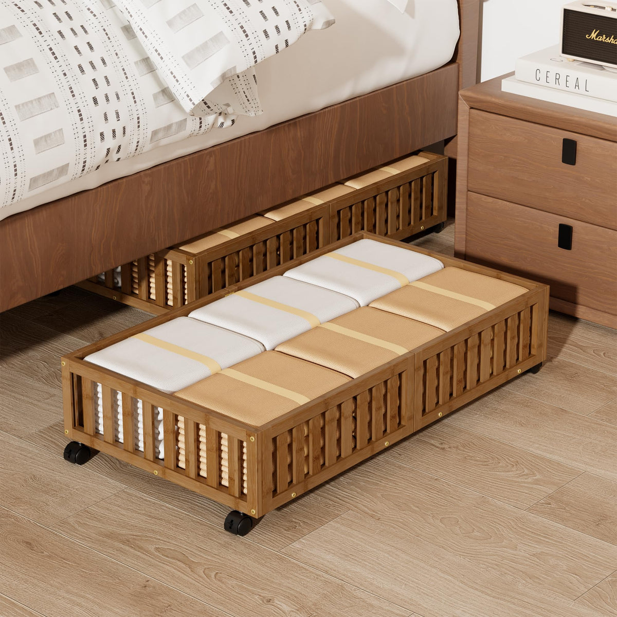Under Bed Storage with Wheels, 2 Pcs Bamboo Drawers for Clothes and Toy