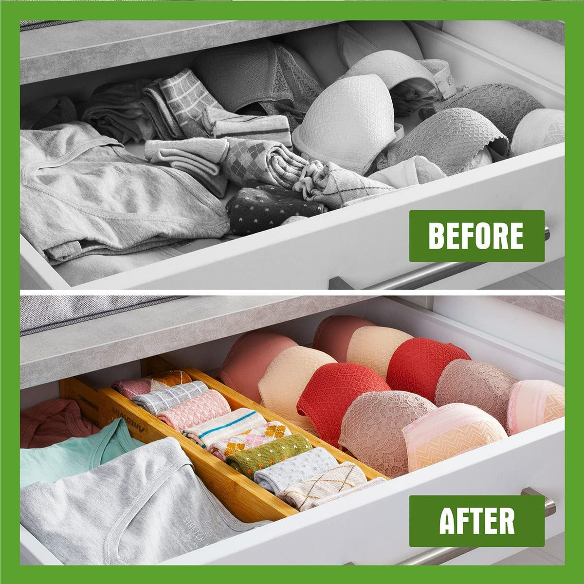 ANTOWIN Bamboo Drawer Dividers Organizers, Drawer Separators Splitter,13-17 inches Long Adjustable Spring-loaded Organizer for Large Utensil, Clothes, Tools Drawers (4+3)