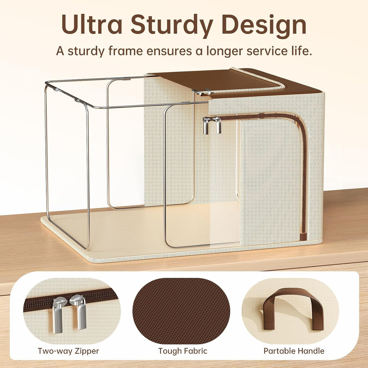 Clothes Storage Bins, 3 Openings, 66L, Brown