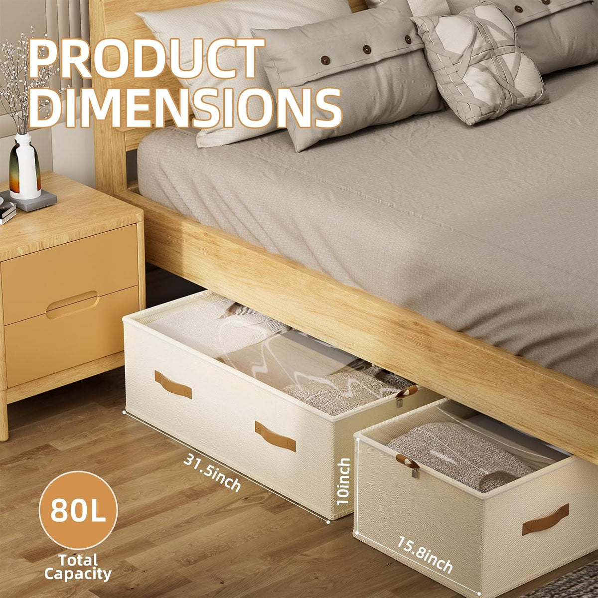10inch 3 Pack Under Bed Storage Containers, 10 Inch Tall Underbed Clothes Storage Organizer Bin with Clear Window，Foldable Box Basket for Clothes, Closet, Bed Sheets and Blankets Beige