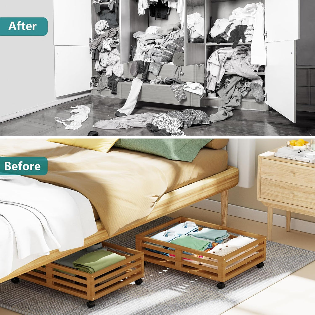 Bamboo Under Bed Storage with Wheels Rolling Underbed Drawer with Lids