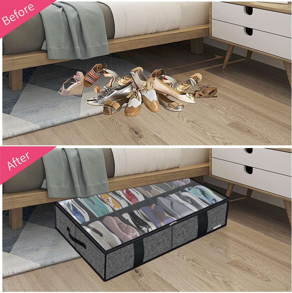 Onlyeasy 2 Pack Under Bed Shoes Storage Bag Organizer (14+4 Pairs), Collapsible Shoe Boot Container with Handles, Underbed Storage Solution for Kids & Adults, 86x60x15cm, Linen-like Black, MXAUBS14S4