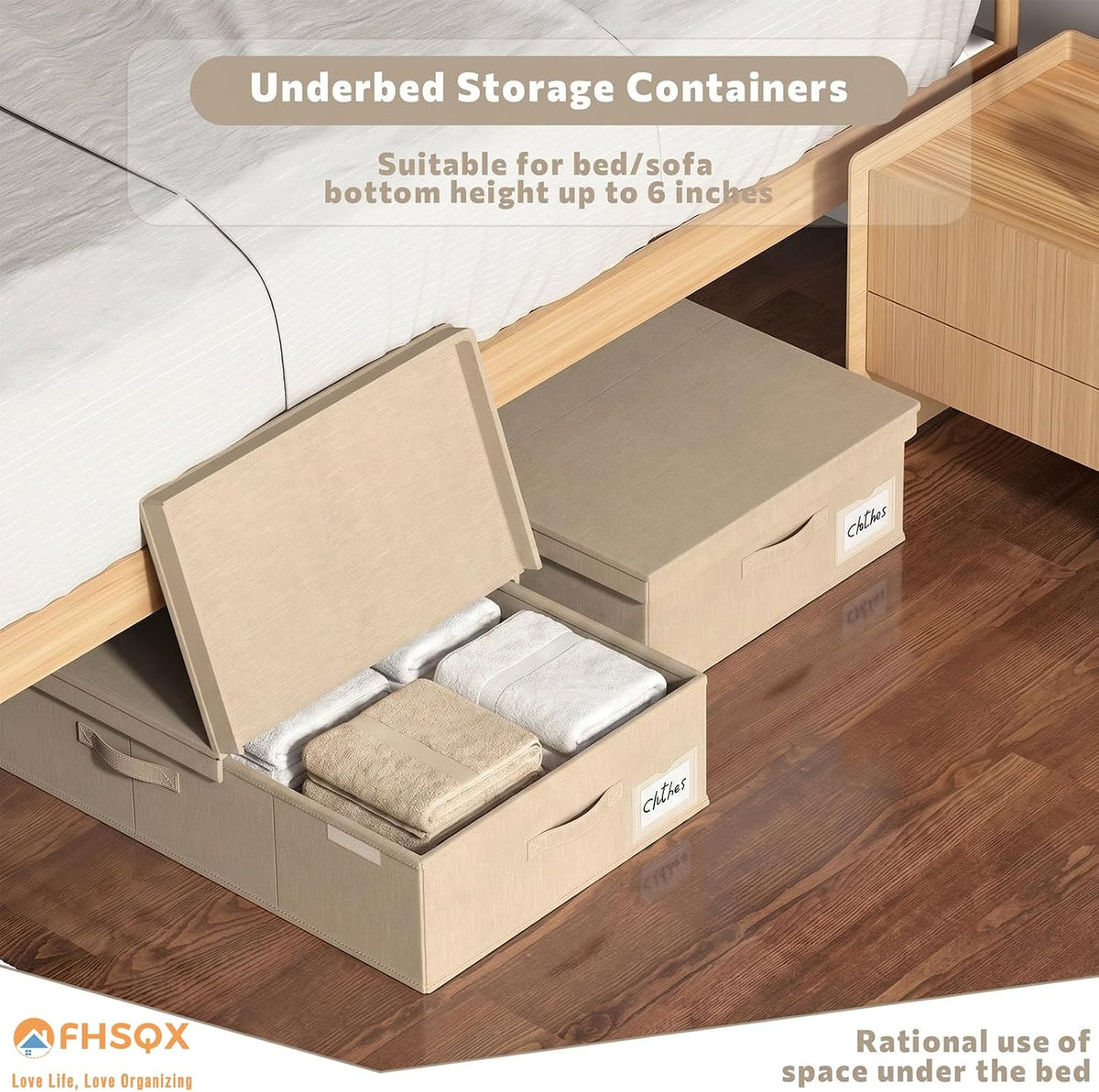 FHSQX Under Bed Storage Container 2Pack 6 Inches Low Profile Under-bed Organizer Bins Slim Under Couch Storage Box Ideal For Seasonal Clothes Blankets Towel Fabric (2, Beige, 31.5 * 16.5 * 6in)