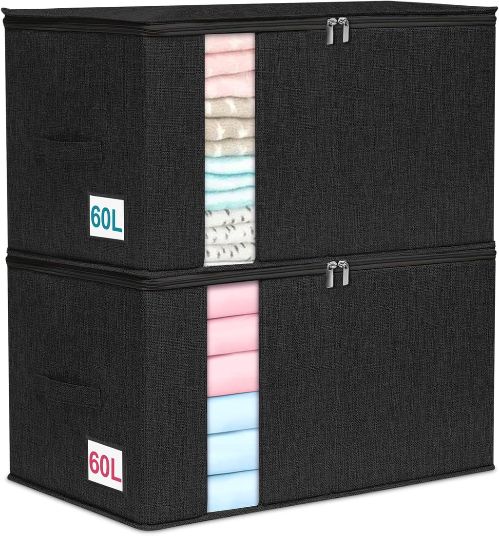 punemi 60L Comforter Storage Bags with Side & Bottom Support, 2 Pack, Black