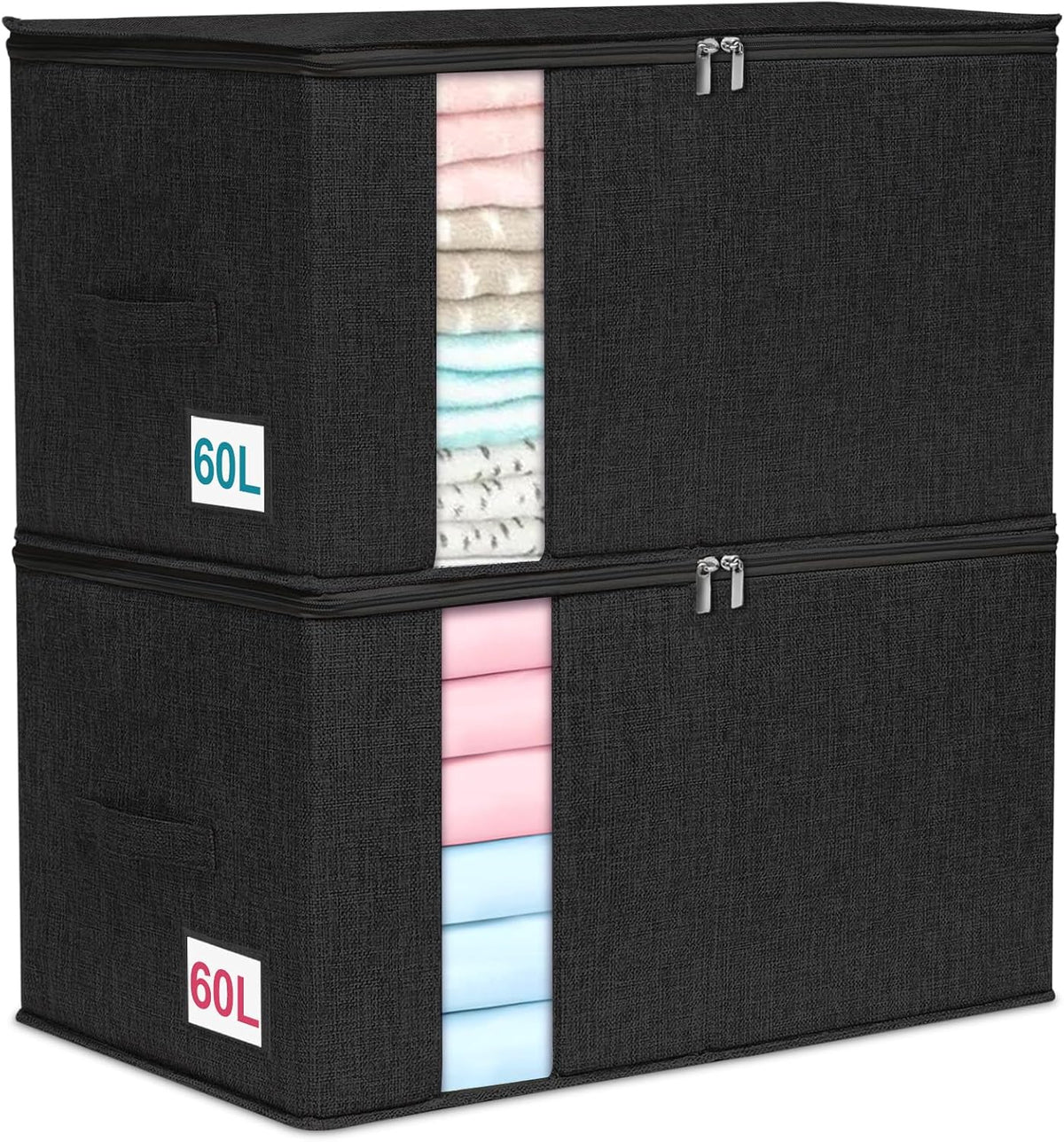 punemi 60L Comforter Storage Bags with Side & Bottom Support, 2 Pack, Black