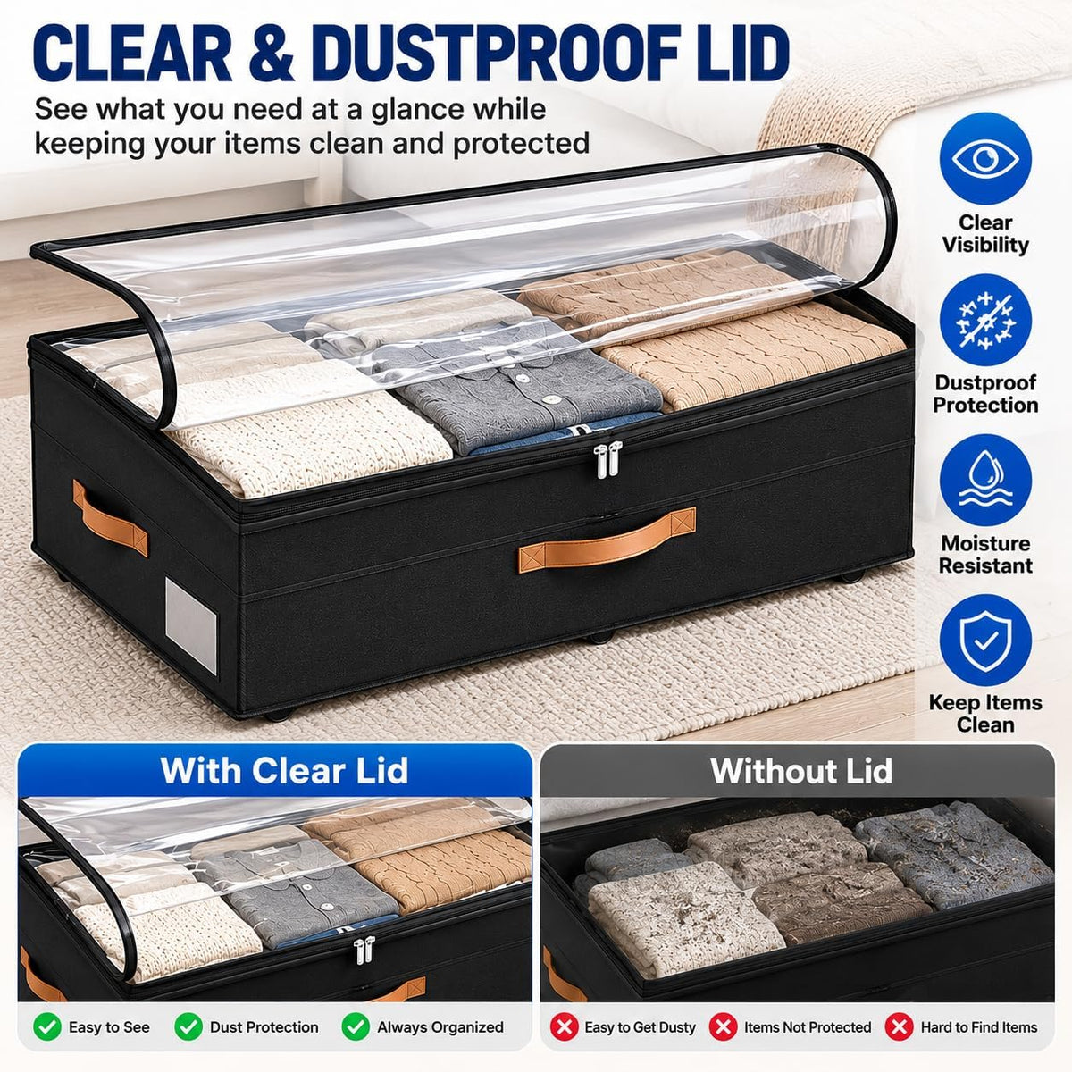 90L XXL Under Bed Storage Bins with Wheels, 1-Pack, Clear Lids, Black